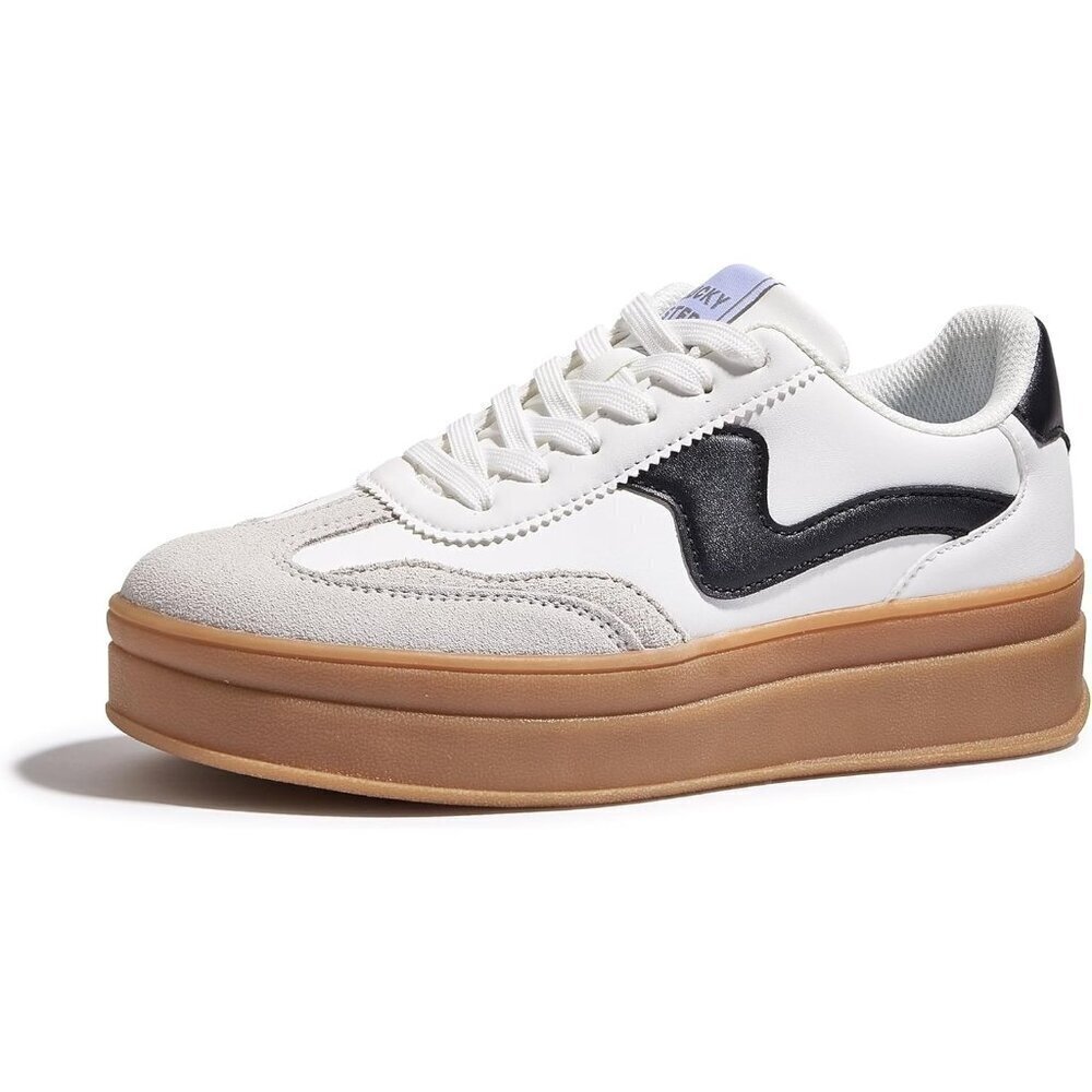 Women Platform WhiteBlack Sneaker Thick Sole Suede Leather Low Top Walking Shoes